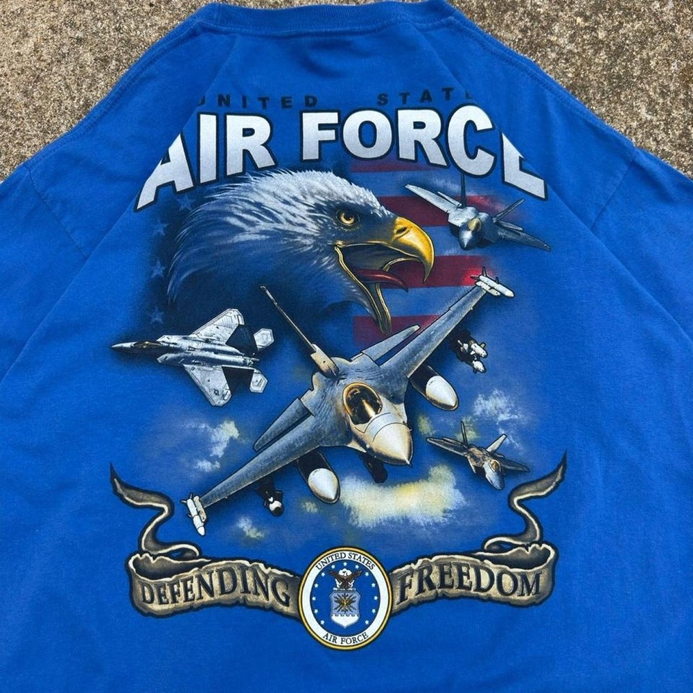 Vintage Y2K Bayside USAF Eagle Jet Military Americana Made in USA Blue L (d8)